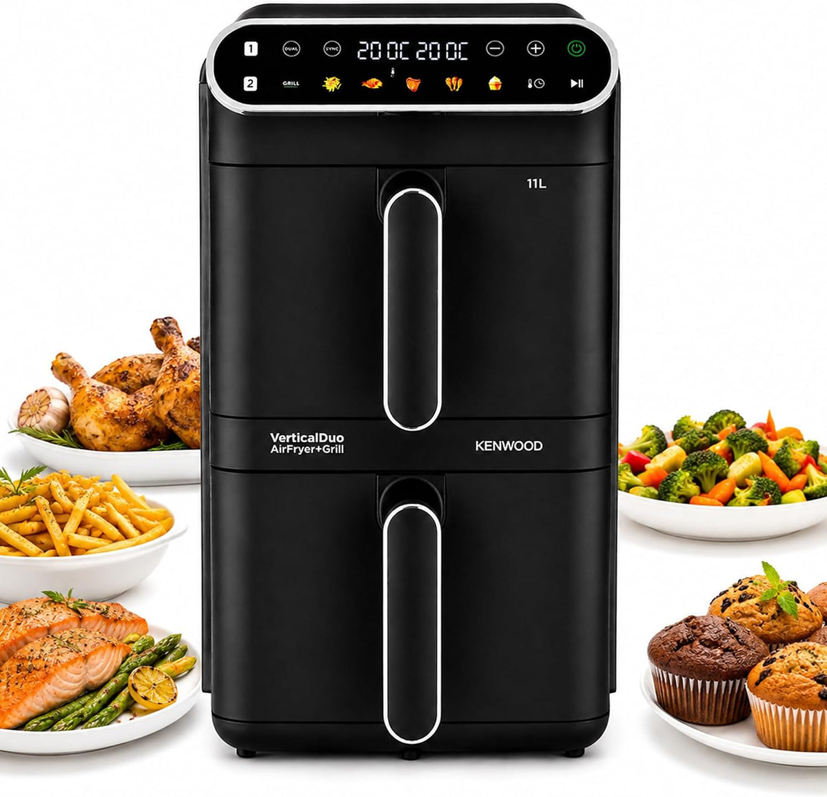 KENWOOD Double Stack XL (2X5.5L) Air Fryer, Vertical Dual Drawer Air Fryer with 4 cooking levels, 2 Drawers and 2 meal Racks,11 L Capacity,  — product view
