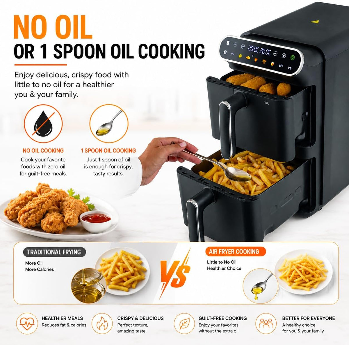 KENWOOD Double Stack XL (2X5.5L) Air Fryer, Vertical Dual Drawer Air Fryer with 4 cooking levels, 2 Drawers and 2 meal Racks,11 L Capacity,  — detail image 4