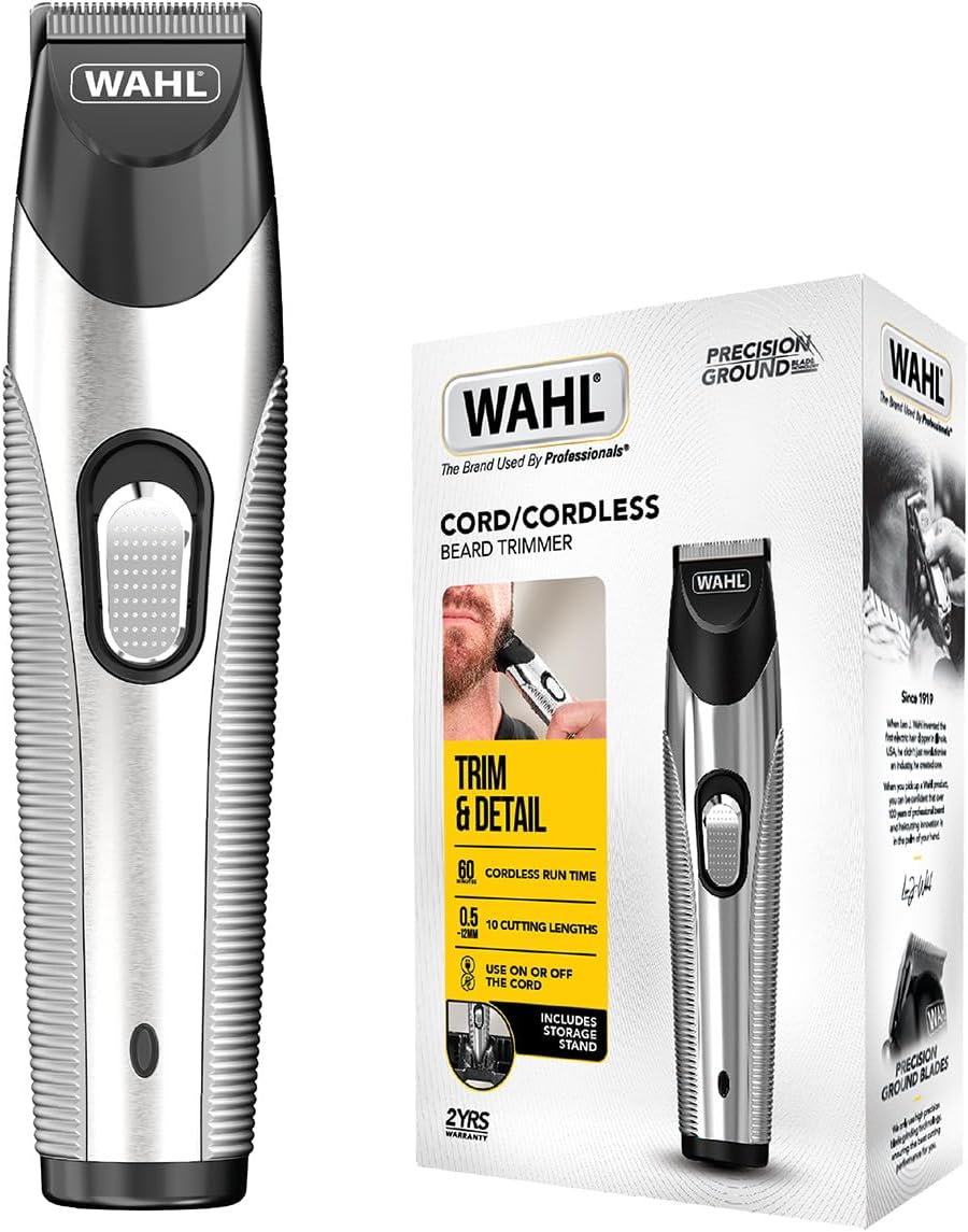 WAHL Silver Trim Rechargeable Beard Trimmer for Men Cordless | Precision Stainless Steel Blades | 13 Adjustable Cutting Lengths (0.5-11 mm) | Slim & Durable Design with Accessory Stand - 09891-017 — image 1