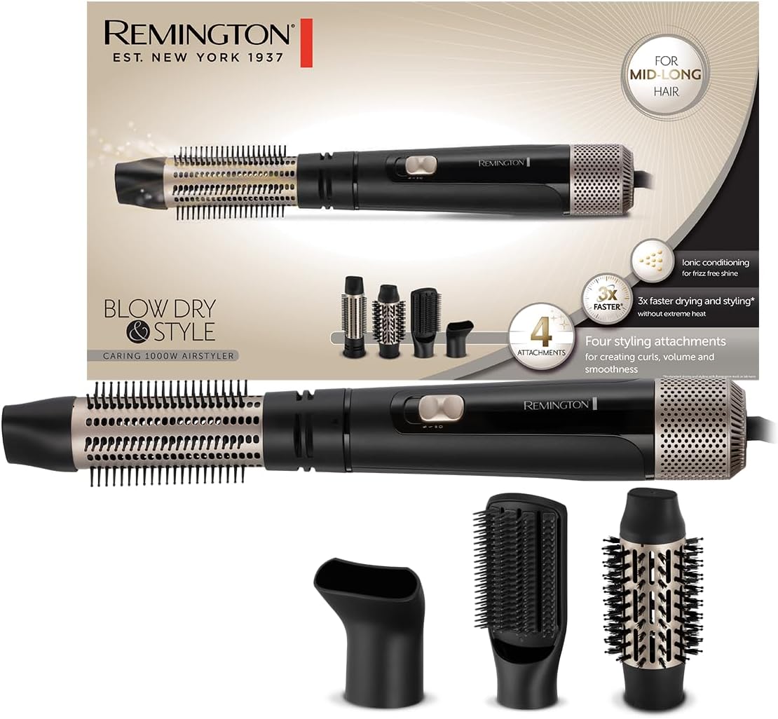 Remington Blow and Dry Caring Air Styler - Hair Dryer, Hot Brush and Hair Curler for Mid to Long Length Hair, 4 Attachments, 1000 Watts, AS7500 - Black — image 1