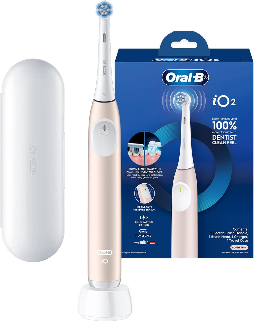 Oral B iO2 Series 2 Rechargeable Electric Toothbrush, 3 Smart Modes, iO Technology, Pressure Sensor, Adaptive Micro Pulsations, With Travel Case - IOS2.IC9.1K - Pink — image 1